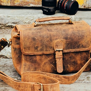 Personalized Leather DSLR Camera Bag: Vintage Hunter Leather Crossbody