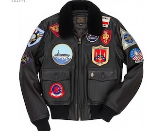 TOPGUN 黒 レザー ジャケット ファー付き 軍用パッチ G-1 トップガン レザー ボンバージャケット：パッチとファーカラーの