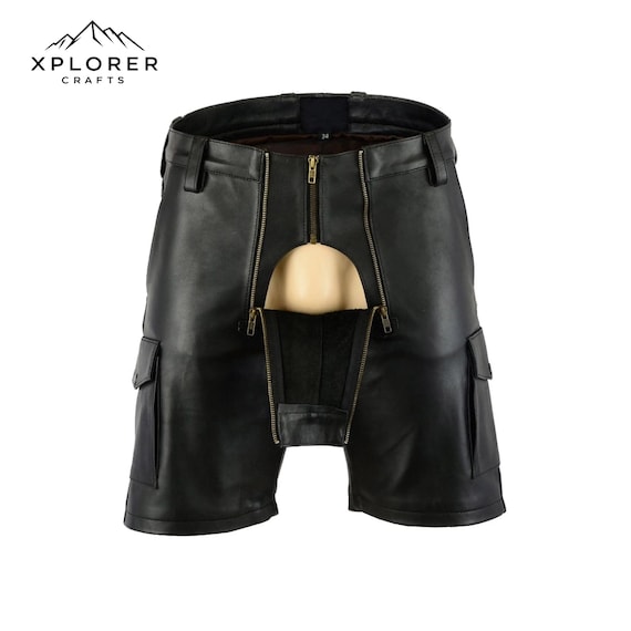 Men’s Black Leather Zip Shorts with Open Front – Edgy Clubwear, Fetish Fashion, Festival Outfit, Bold Statement Gear, Gift For LGBTQ.