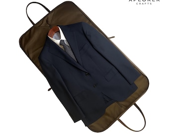 Personalized Leather Suit Carrier, Engraved Garment Travel Bag, Black & Brown Suit Cover, Wedding and Business Trip Organizer.