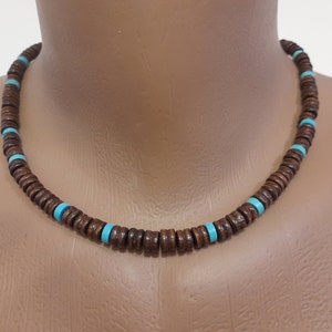 Mens Necklace, Wooden Jewelry for men, Choker for Men and Women, Wood and Gemstone turquoise Beads, Men&#39;s Jewelry, surfer necklace,