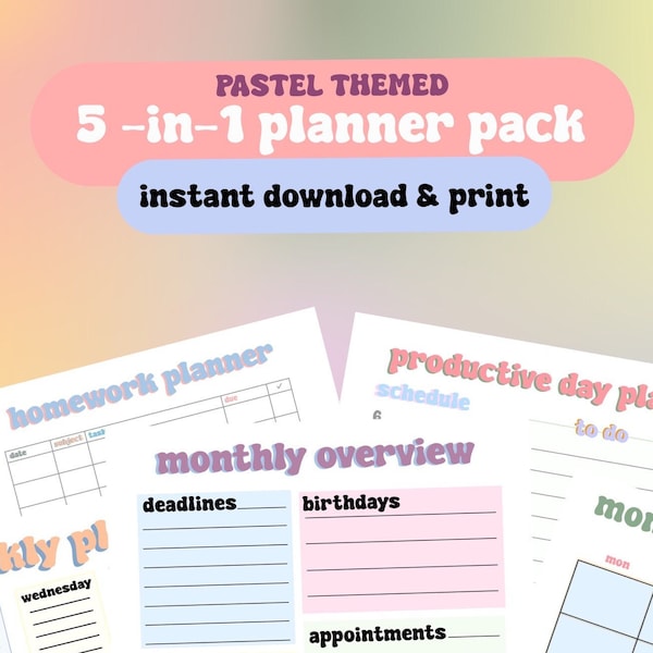 5-in-1 pastellfarbener digitaler Planer Bundle für Studenten, 5 Seiten, download pdf zum Drucken oder für die digitale Planung, Schule & Uni