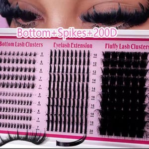 Könnte beinhalten: Nahaufnahme eines Auges mit langen, schwarzen Wimpern. Darunter zeigt eine rosa Karte verschiedene Wimpernverlängerungen, darunter untere Wimpernbüschel, Wimpernverlängerungen und flauschige Wimpernbüschel, mit Messungen in mm.