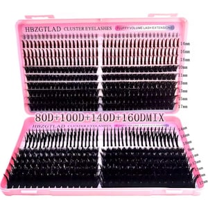 Könnte beinhalten: Eine rosa Box mit schwarzen Cluster-Wimpern, mit Längen von 9 mm bis 18 mm. Die Box ist mit "HBZGTLAD CLUSTER EYELASHES FLUFFY VOLUME LASH EXTENSIONS" und "80D+100D+140D+160DMIX" beschriftet.
