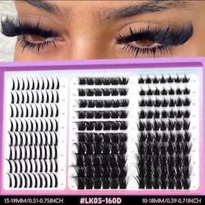 May include: A tray of black DIY lash extension clusters labeled LASVIREY with lengths ranging from 13-19mm (0.51-0.75 inches) and 10-18mm (0.39-0.71 inches). The product is identified as #LK05-160D, featuring multiple rows of individual lash segments.