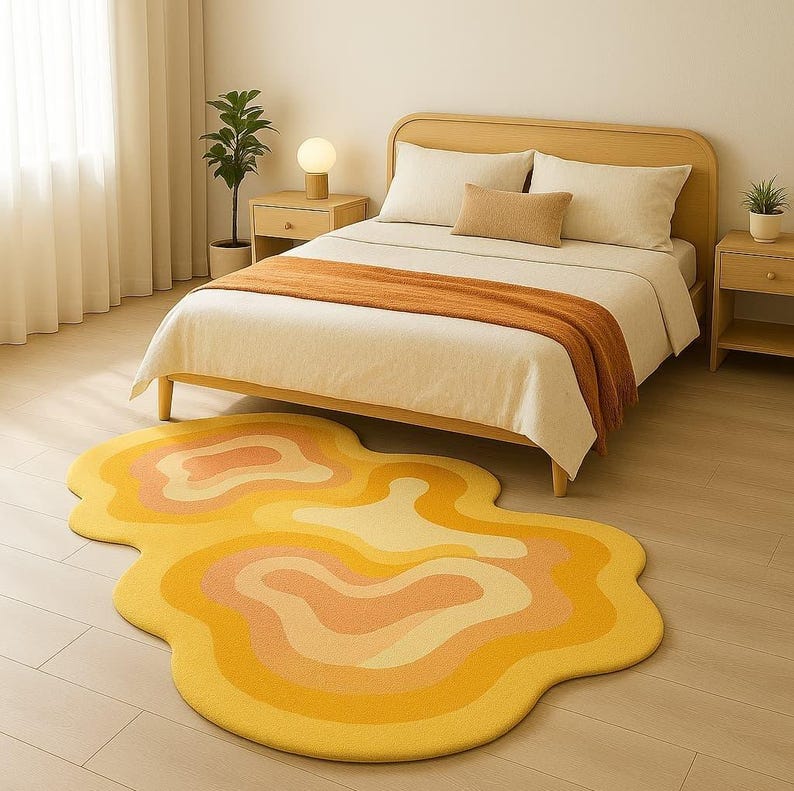 Irregular Shaped Modern Abstract Rug – Wavy Retro Yellow Pink Carpet ...