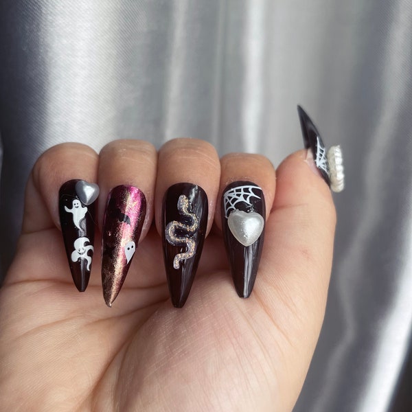 Holograph Halloween nails for cosplay goth dress up emo edgy dark mood cobwebs ghosts pearl press on nail easy simple pressons costume spook