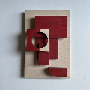Abstract assemblage picture, mid century Bauhaus style wall sculpture plywood geometric original art 3d relief Red 1