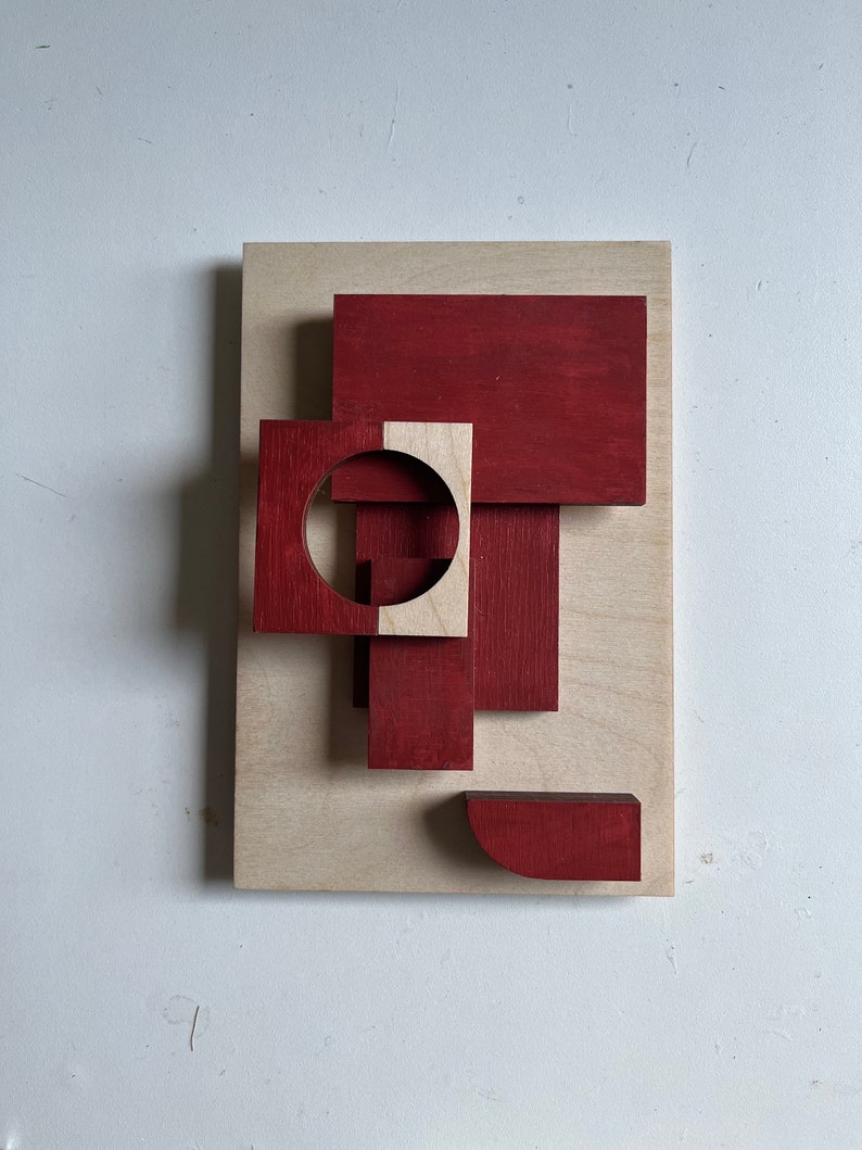 Abstract assemblage picture, mid century Bauhaus style wall sculpture plywood geometric original art 3d relief Red 1