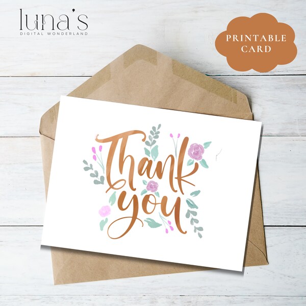 Thank You Card - Floral Typography - Printable Digital Download - Easy Print At Home | Rustic Thanks Card | Home Printing | Thanks Card