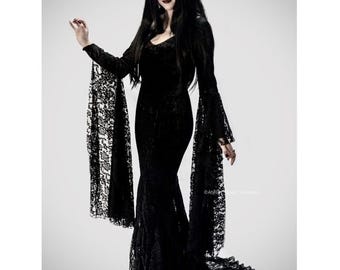 Peut inclure: Une robe de velours noir avec de longues manches en dentelle et une traîne fluide. La robe a un décolleté en cœur et un corsage ajusté.