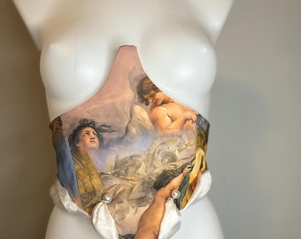 Renaissance underbust corset with special artistic angel print, silk organza ornament and pearls