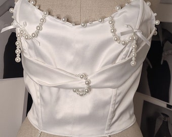 Bright satin bustier corset top with white glass pearls classic retro style, elegant for special events or gifts