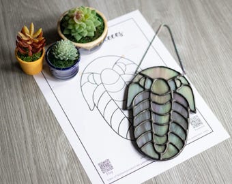 Op de afbeelding: Een gebrandschilderd trilobiet hangend aan een zilveren ketting. De trilobiet is lichtgroen en paars van kleur met zwarte lijnen. De trilobiet hangt boven een wit vel papier met een tekening van een trilobiet erop.