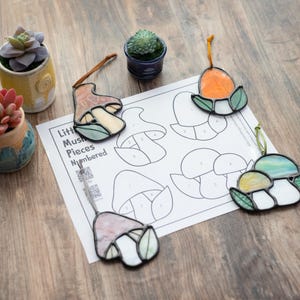 May include: Five stained glass mushroom ornaments with a printed sheet of numbered mushroom outlines. The ornaments are in various colours, including green, orange, brown, and pink.