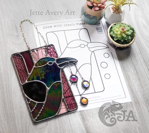 Pattern- Crow with Jewels Stained Glass Suncatcher