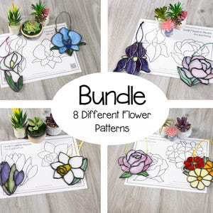 May include: A bundle of eight different flower patterns, including an orchid, iris, peony, calla lily, crocus, daffodil, rose, and a mixed flower design. Each pattern is a stained glass ornament with a colored glass flower design and a hanging loop. Small potted succulents are also present.
