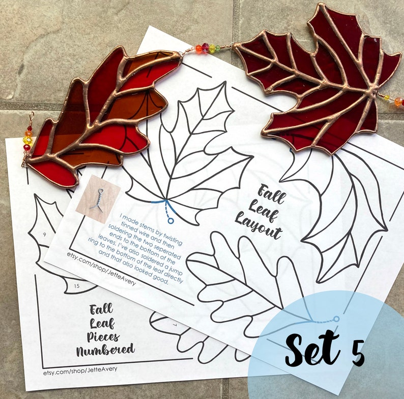 Pattern Stained Glass Leaves Set 5 3 Leaves Etsy
