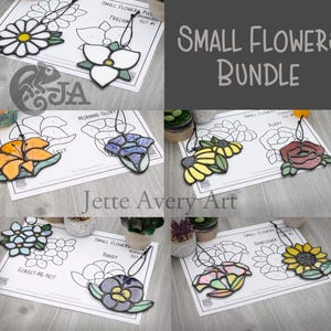 May include: A set of ten stained glass flower suncatchers, each with a different flower design. The flowers are all small and colorful, and they are arranged on a white background. The flowers include a poppy, a sunflower, a lily, a morning glory, a trillium, a pansy, a forget-me-not, a daisy, and a black-eyed Susan. The set is titled "Small Flowers Bundle".