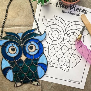 May include: A stained glass owl with blue and black glass pieces. The owl is hanging from a chain and is in front of a numbered pattern for a stained glass project. The pattern is labeled "Two Pieces Numbered".