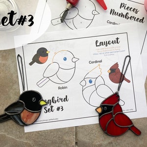 Puede incluir: Un kit de artesanía de pájaros de vidrio con instrucciones y piezas numeradas. El kit incluye un petirrojo, un cardenal y una guía de diseño. El kit está etiquetado como "Songbird Set #3".
