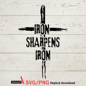 Pode incluir: Design gráfico preto e branco com forma de cruz. O texto "Iron sharpens iron" está escrito na cruz.