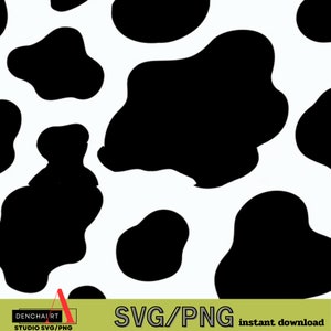 May include: Black and white cow print pattern. The pattern is made up of irregular black spots on a white background.
