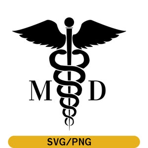 May include: Black and white silhouette of the medical symbol, the Rod of Asclepius, with wings and the letters MD.