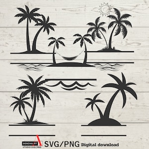 以下が含まれることがあります： 黒いシルエットのヤシの木のSVGとPNGのデジタルダウンロードのセットです。画像にはヤシの木、ハンモック、波が含まれています。画像は、Tシャツ、マグカップ、その他のクラフト用のカスタムデザインを作成するのに最適です。