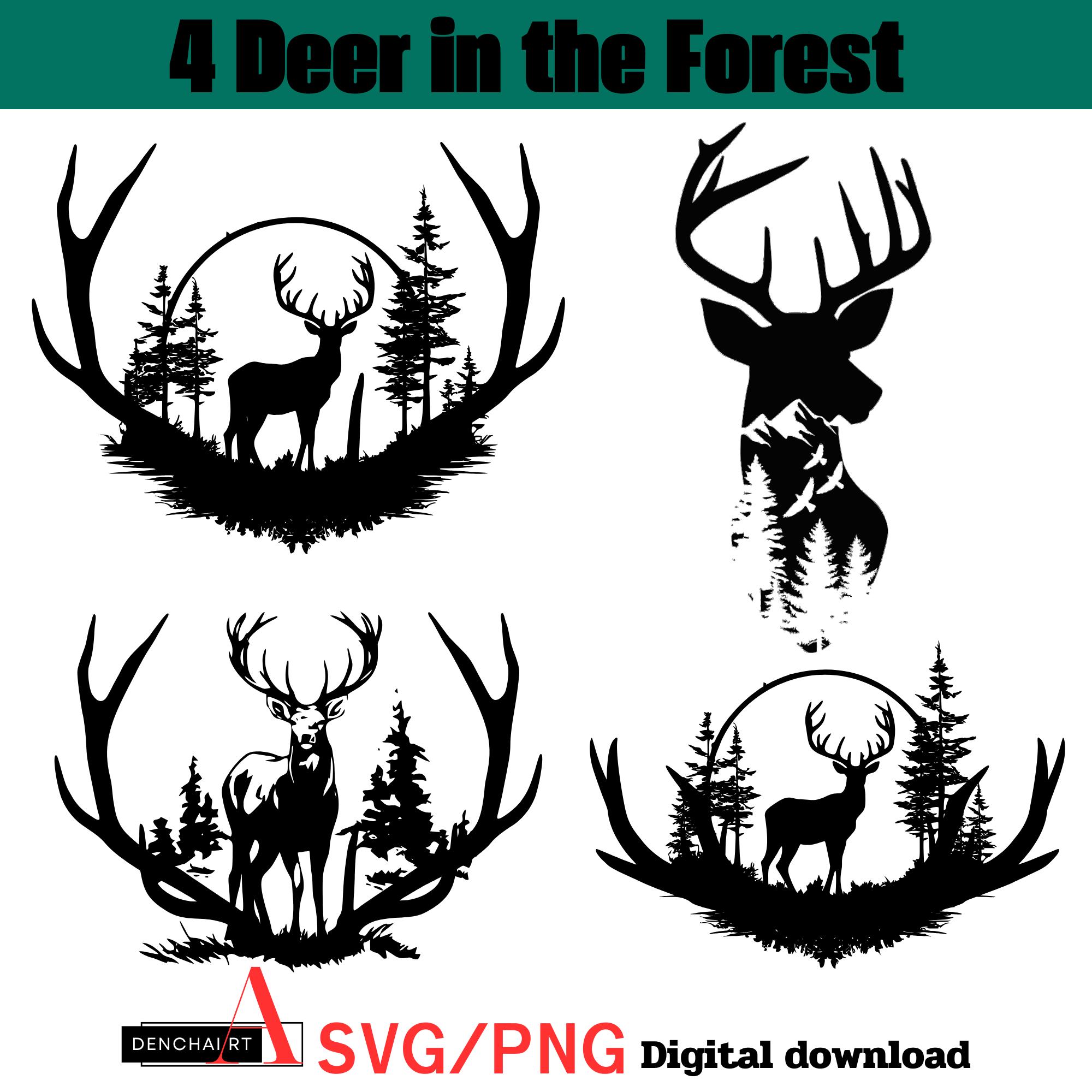 4 Deer in the Forest SVG Bundle, Hunting Deer Silhouette Clipart, Buck ...