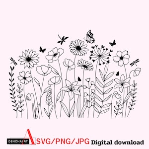 Fleurs sauvages Svg, Svg prairie de fleurs, papillon, SVG floral, fleur minimaliste Png, Clipart fleurs sauvages, sublimations, jardin botanique png