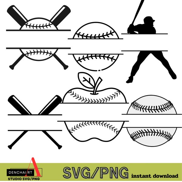 Split Baseball Monogram SVG bundle, Half Softball Team Name SVG, Baseball Bat Svg,Png, Svg Files for Cricut, Sublimation Designs Downloads