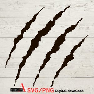 May include: Four black claw marks on a white wood background. The marks are jagged and uneven, suggesting a powerful animal.