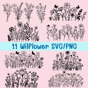 Wildblumen Schmuck, Blumenwiese Schmuck, Schmetterling, Floral SVG, minimalistische Blume Png, Wildblumen Clipart, Sublimationen, Botanischer Garten Png