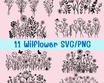 Wildflower SVG, bloemenweide SVG, vlinder, bloemen SVG, minimalistische bloem png, wilde bloemen clipart, sublimaties, botanische tuin png