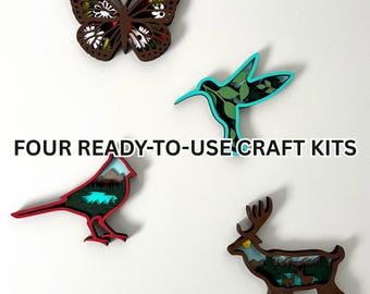 Wooden Animal Craft Kits Bundle: Deer, Cardinal, Butterfly, Hummingbird | Paint, Brushes & Glue Included