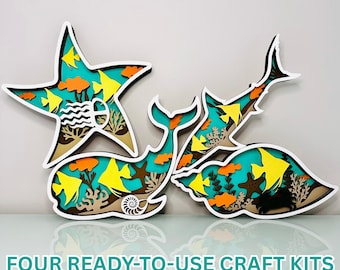 Ocean Animal Wooden Craft Kits Bundle: DIY Colouring Project | Paint, Brushes & Glue Included