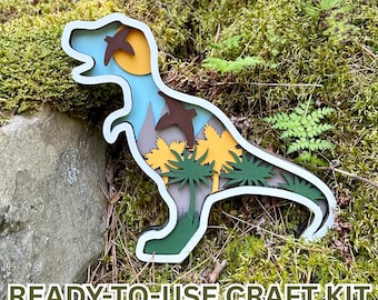 T-Rex Wooden Colouring Craft Kit – Dinosaur DIY Gift | Paint, Brushes and Glue Included