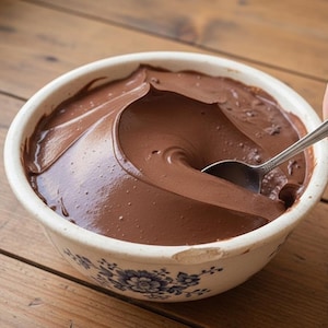 Könnte beinhalten: Eine Schüssel mit reichhaltigem, dunklem Schokoladenpudding mit einer glatten, gewirbelten Textur. Die cremefarbene Keramikschüssel hat ein blaues Blumenmuster am Rand. Ein silberner Löffel ist teilweise in den Pudding getaucht.