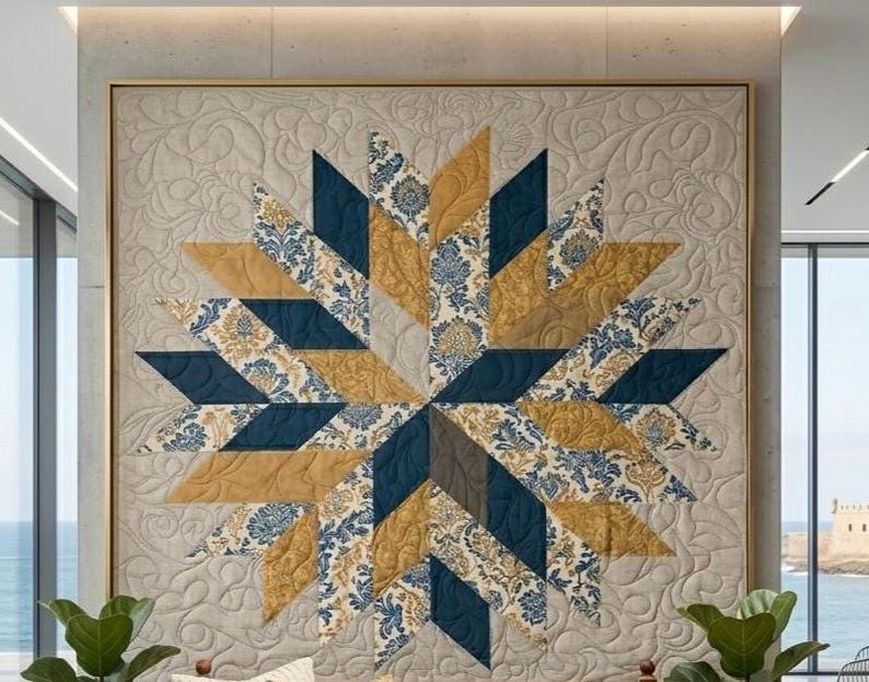 Op de afbeelding: Een grote, ingelijste quilt met een sterrenpatroon. De quilt heeft een combinatie van marineblauw, goud en stoffen met patronen. De achtergrond is een neutrale beige kleur met een gewatteerd patroon. De lijst is lichtgoud van kleur.