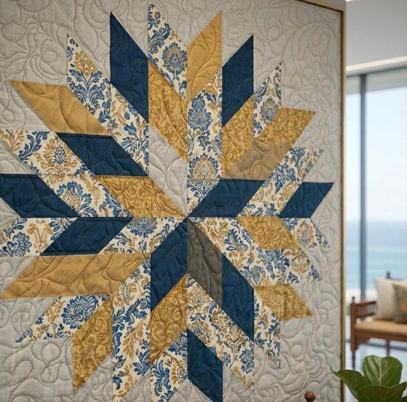 Op de afbeelding: Een ingelijste quilt met een sterrenpatroon. De quilt heeft een patroon van marineblauwe, gouden en cr&egrave;mekleurige bloemenstofstukken. De achtergrond is lichtgrijs met een gewatteerd patroon. De quilt wordt tentoongesteld in een kamer met uitzicht op de oceaan.