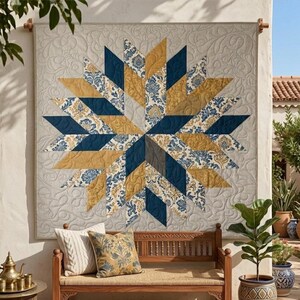 Op de afbeelding: Een grote, decoratieve quilt met een sterrenpatroon. De quilt heeft afwisselende secties van marineblauw, goud en stof met patronen. De achtergrond is lichtbeige met een subtiel bloemenpatroon. De quilt hangt aan een muur.