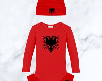 Baby set Albania - Hat, mittens and body longsleeves Albania baby newborn gifts - Albanian flag 0-9 months