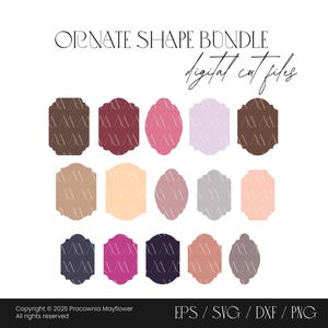 Pode incluir: Uma coleção digital de quinze formas ornamentadas em várias cores sólidas, incluindo marrom, rosa, roxo e bege. O texto ORNATE SHAPE BUNDLE digital cut files aparece no topo, com informações de direitos autorais e formatos na base.