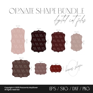 May include: Ornate shape bundle digital cut files featuring seven decorative labels in various shades of pink, brown, and maroon with a repeating pattern. Dimensions range from 6.6 cm to 22 cm. Includes a bonus oval shape and file formats EPS, SVG, DXF, PNG.