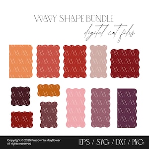 May include: A digital cut file bundle titled WAVY SHAPE BUNDLE featuring various rectangular shapes with wavy edges in shades of orange, red, pink, and purple. Each shape contains a repeating thin white line pattern. Includes EPS, SVG, DXF, and PNG.
