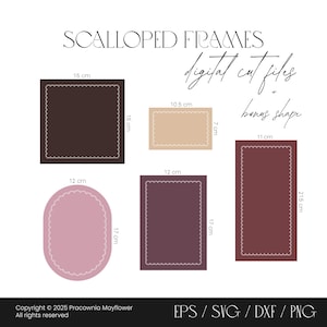 May include: Digital cut files featuring scalloped frames in various shapes and colors, including brown, beige, burgundy, and pink. Dimensions are provided in centimeters, with the largest frame measuring 15 cm by 15 cm.