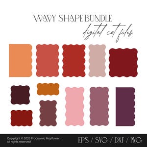 Op de afbeelding: Een verzameling digitaal gesneden golvende vormen in verschillende tinten rood, oranje en paars. De tekst "WAVY SHAPE BUNDLE" en "digital cut files" staan bovenaan. De onderkant van de afbeelding toont "EPS / SVG / DXF / PNG".