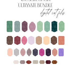 Może przedstawiać: Cyfrowa kolekcja zatytułowana ORNATE SHAPE ULTIMATE BUNDLE digital cut files, zawierająca zestaw różnych ozdobnych kształtów etykiet w rozmaitych jednolitych kolorach, w tym zieleniach, różach, fioletach, brązach i odcieniach neutralnych.