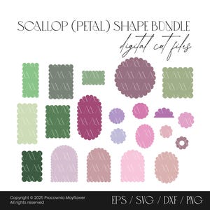 Könnte beinhalten: Ein digitales Schneidedatei-Paket mit dem Titel SCALLOP (PETAL) SHAPE BUNDLE, das verschiedene gewellte Formen in Grün-, Rosa- und Violetttönen zeigt. Die Sammlung enthält Rechtecke, Kreise und Bögen in den Formaten EPS, SVG, DXF und PNG.